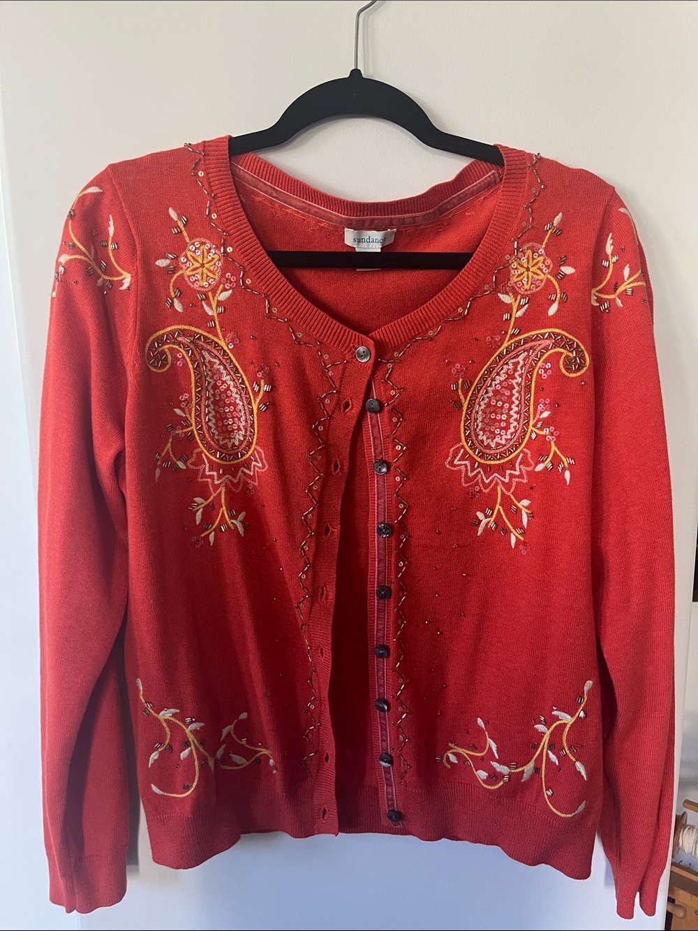 Sundance Red Embroidered Paisley Button-Front Cardigan NWOT